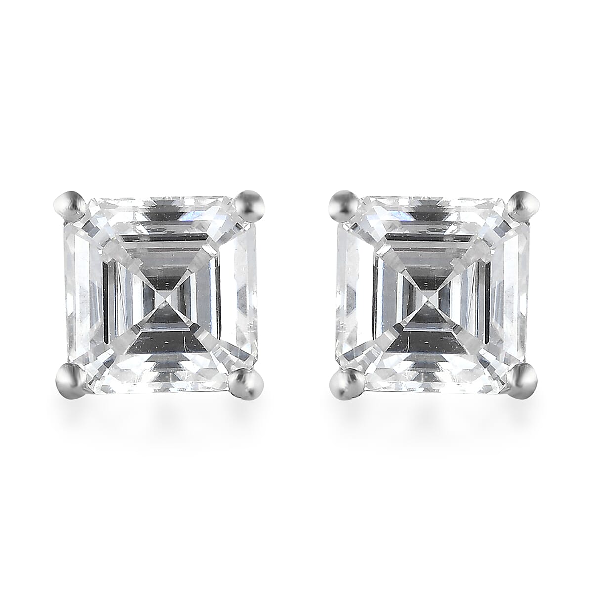 Asscher Cut Moissanite Ring (Size 5.0) and Earrings in Platinum Over Sterling Silver 8.40 ctw