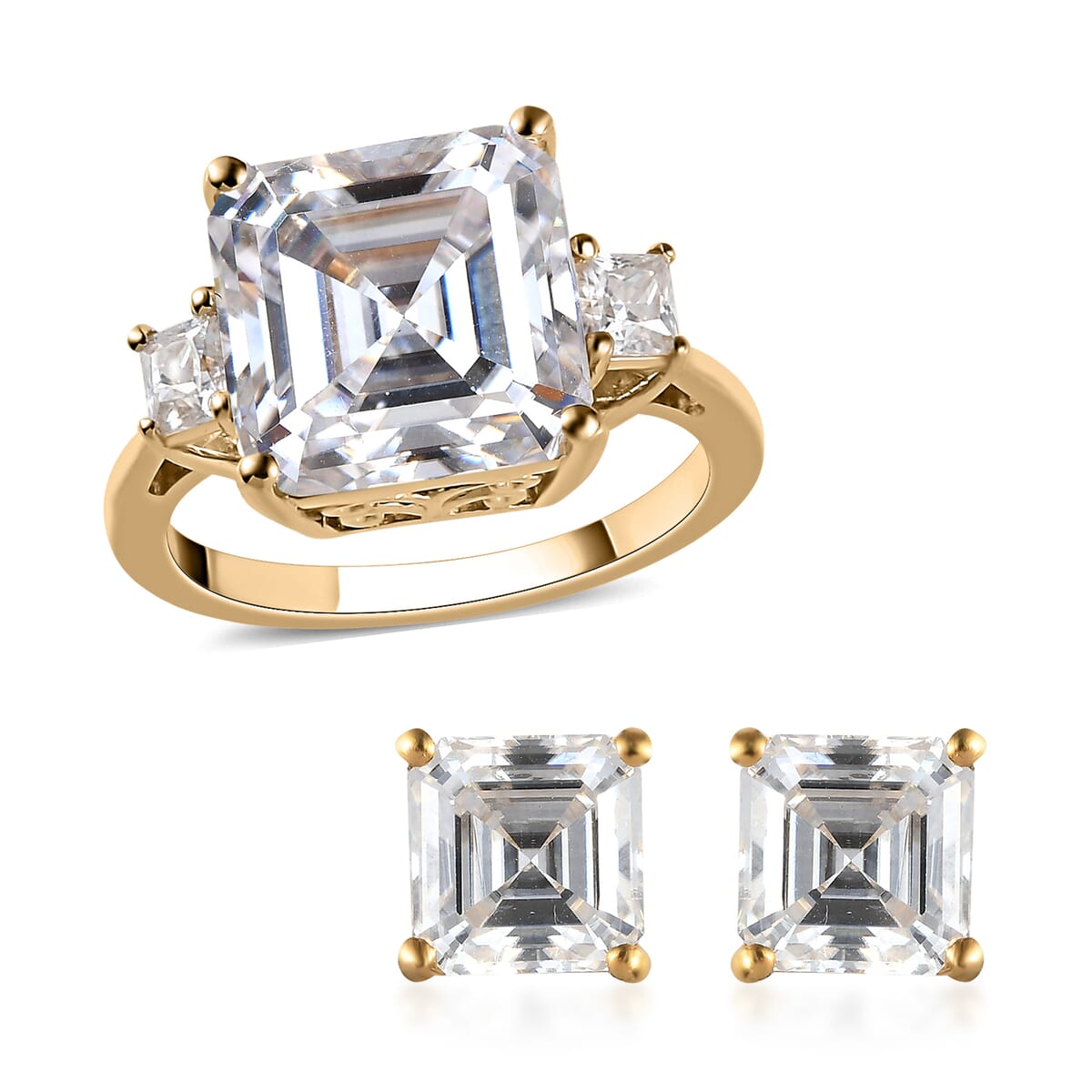 Asscher Cut Moissanite Ring (Size 6.0) and Earrings in Vermeil Yellow Gold Over Sterling Silver 8.40 ctw image number 0