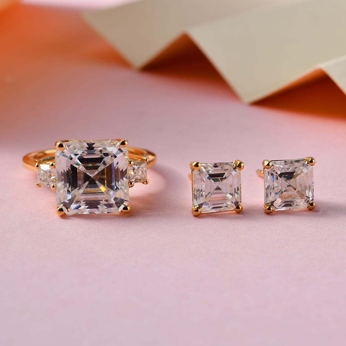 Asscher Cut Moissanite Ring (Size 6.0) and Earrings in Vermeil Yellow Gold Over Sterling Silver 8.40 ctw image number 1