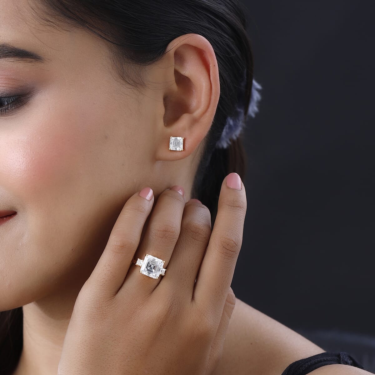 Asscher Cut Moissanite Ring (Size 6.0) and Earrings in Vermeil Yellow Gold Over Sterling Silver 8.40 ctw image number 2
