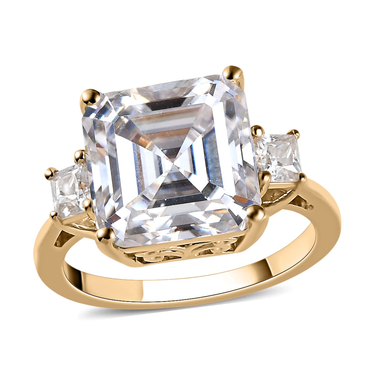 Asscher Cut Moissanite Ring (Size 6.0) and Earrings in Vermeil Yellow Gold Over Sterling Silver 8.40 ctw image number 3