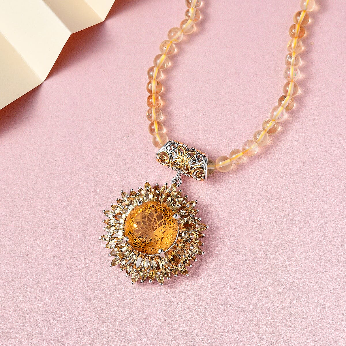 Dahlia Cut Brazilian Citrine Floral Pendant with Beaded Necklace 20 Inches in Vermeil YG and Platinum Over Sterling Silver 69.50 ctw image number 1