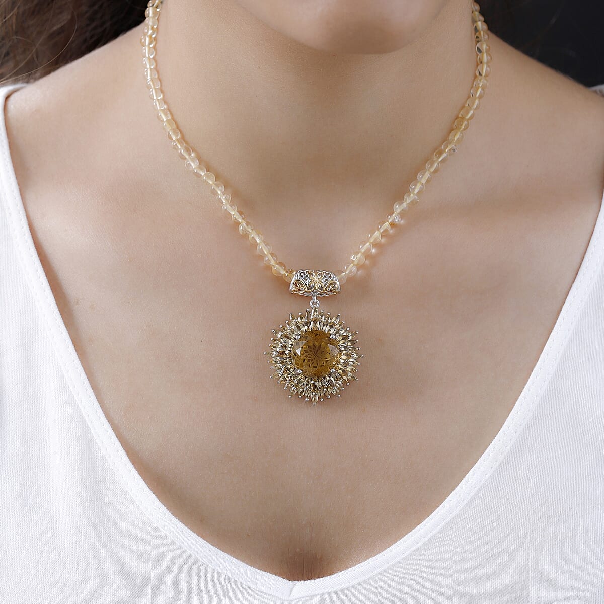 Dahlia Cut Brazilian Citrine Floral Pendant with Beaded Necklace 20 Inches in Vermeil YG and Platinum Over Sterling Silver 69.50 ctw image number 2