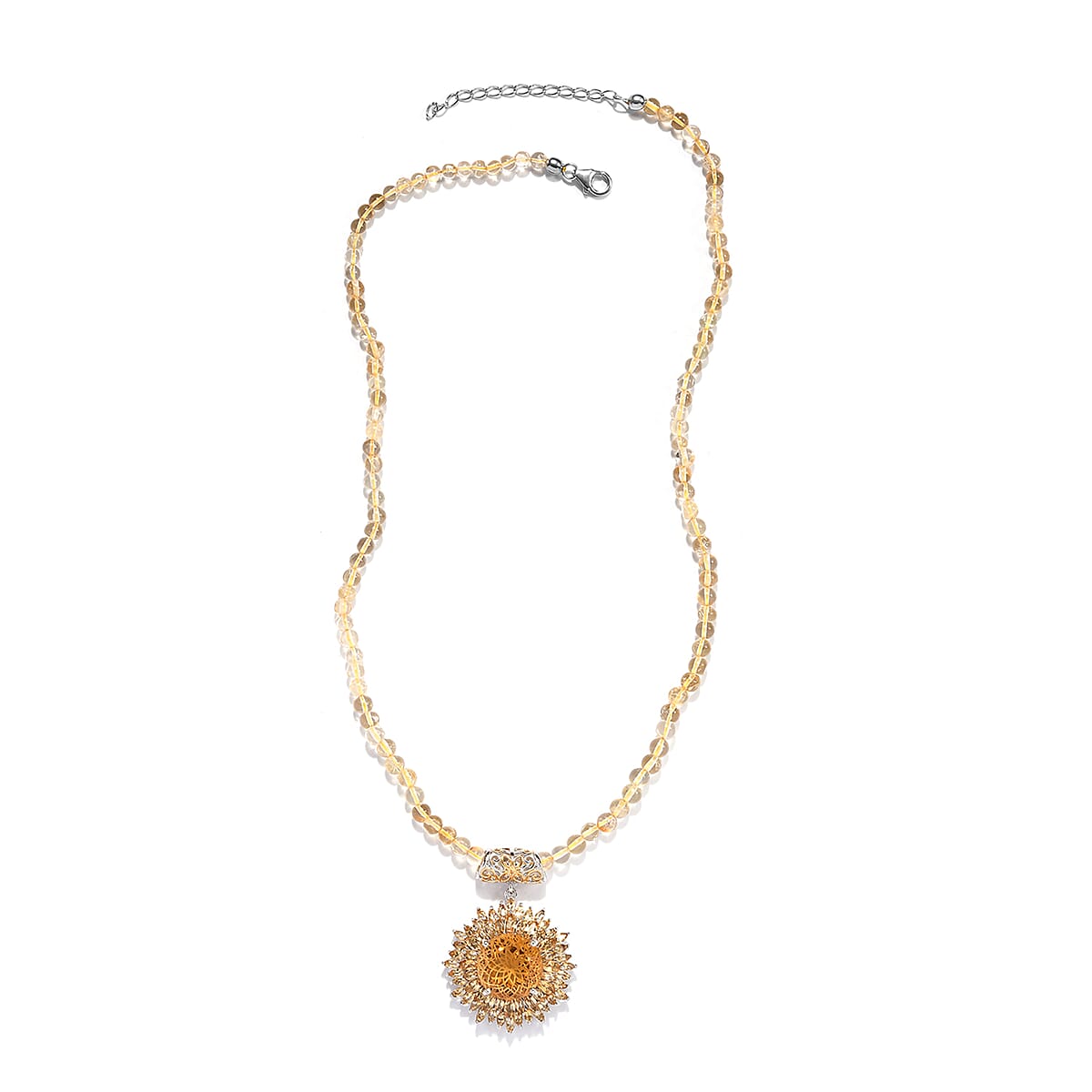 Dahlia Cut Brazilian Citrine Floral Pendant with Beaded Necklace 20 Inches in Vermeil YG and Platinum Over Sterling Silver 69.50 ctw image number 3