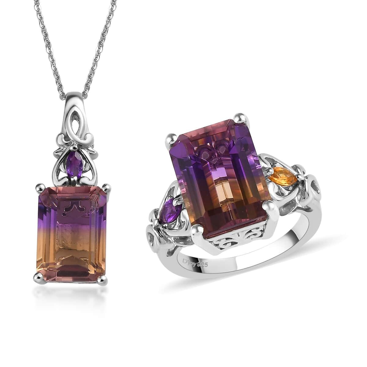 AAA Anahi Ametrine, Multi Gemstone Ring (Size 6.0) and Pendant Necklace 20 Inches in Platinum Over Sterling Silver 13.60 ctw image number 0