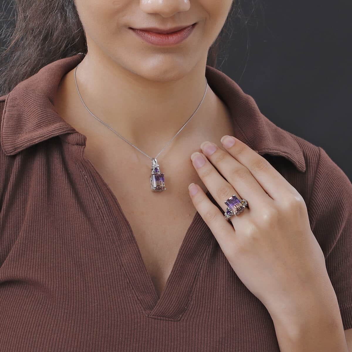 AAA Anahi Ametrine, Multi Gemstone Ring (Size 6.0) and Pendant Necklace 20 Inches in Platinum Over Sterling Silver 13.60 ctw image number 2