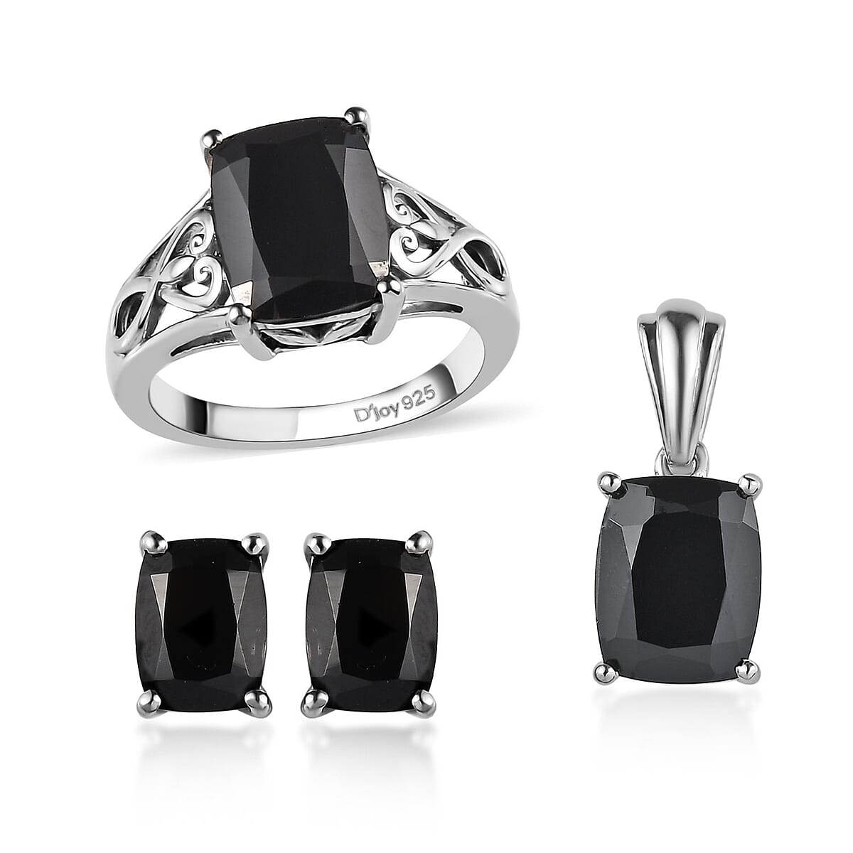 Doorbuster Natural Thai Black Spinel Solitaire Ring Stud Earrings and Solitaire Pendant in Platinum Over Sterling Silver 10.10 Grams 9.20 ctw image number 0