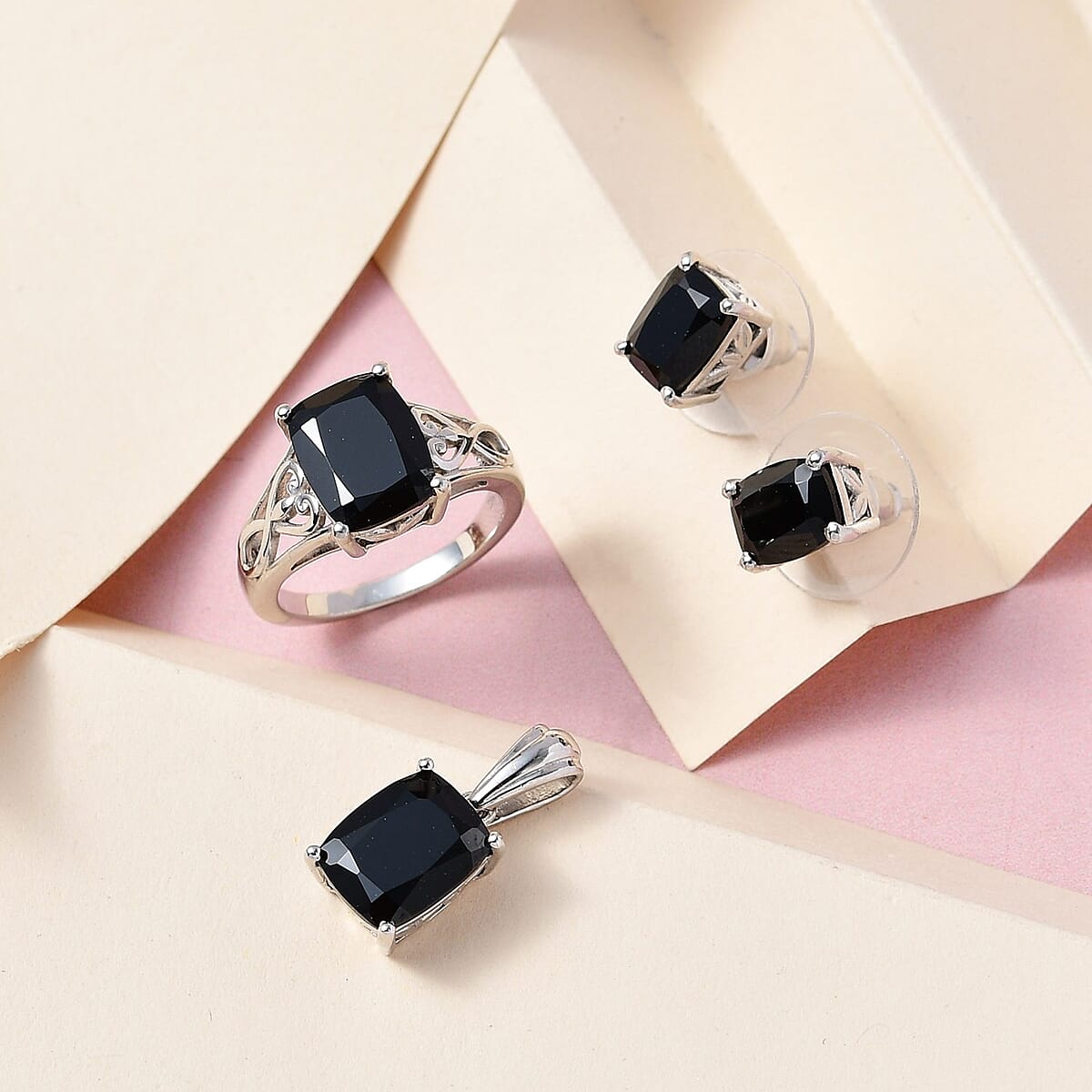 Doorbuster Natural Thai Black Spinel Solitaire Ring Stud Earrings and Solitaire Pendant in Platinum Over Sterling Silver 10.10 Grams 9.20 ctw image number 1
