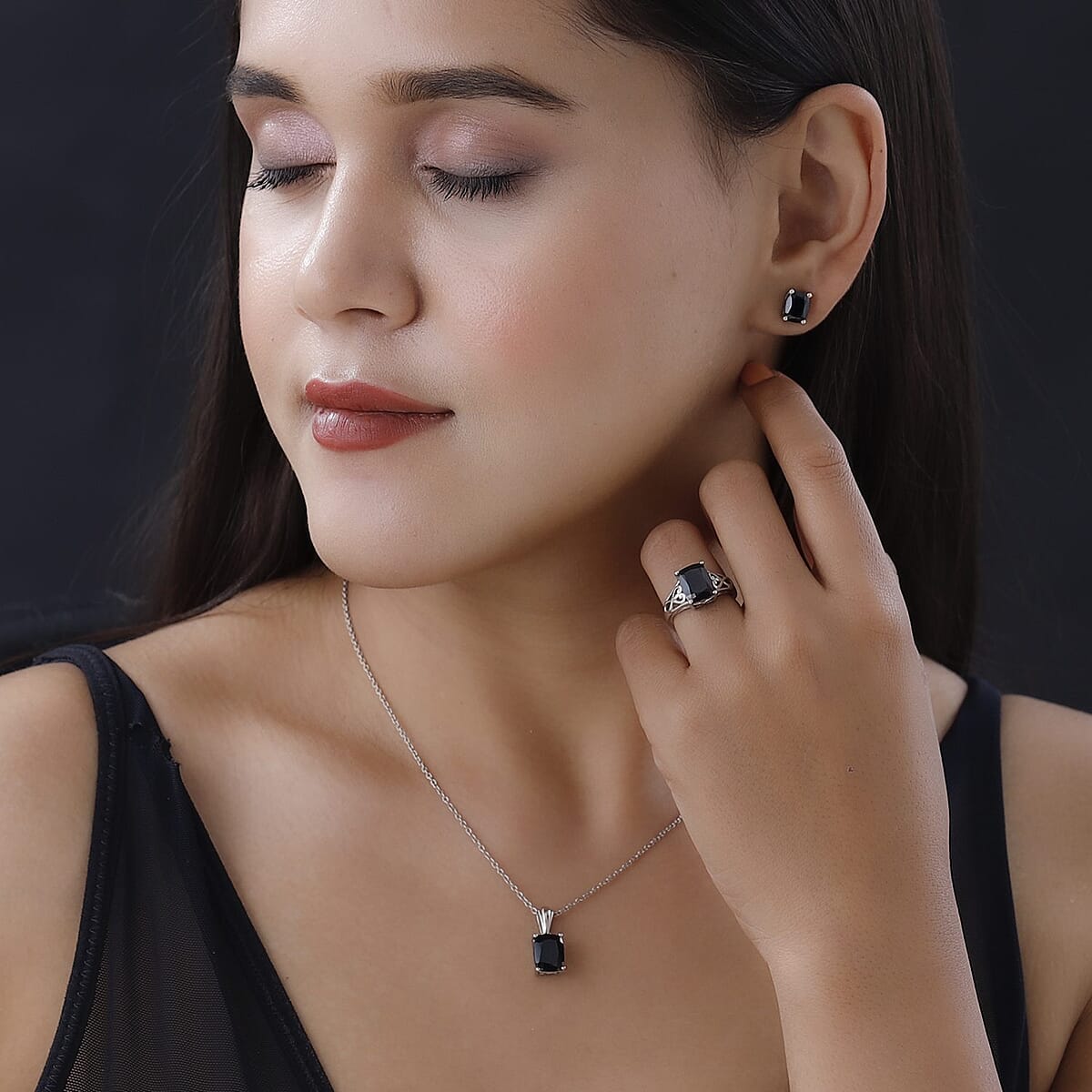Doorbuster Natural Thai Black Spinel Solitaire Ring Stud Earrings and Solitaire Pendant in Platinum Over Sterling Silver 10.10 Grams 9.20 ctw image number 2