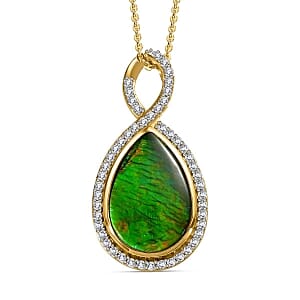 Ammolite and White Zircon Pendant 4.77 ctw Necklace in Vermeil YG Over Sterling Silver 20 Inches
