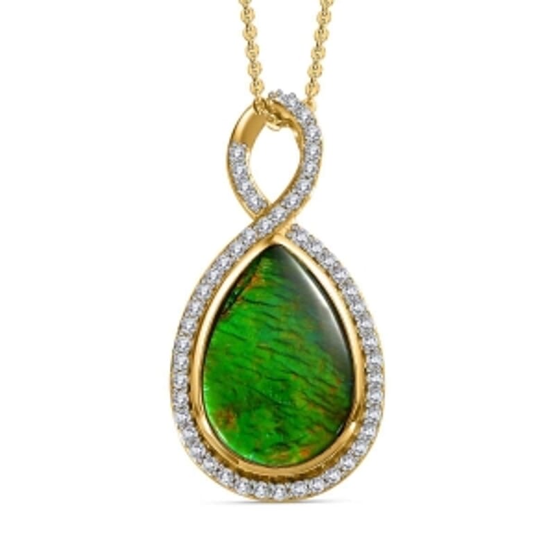 Ammolite and White Zircon Pendant 4.77 ctw Necklace in Vermeil YG Over Sterling Silver 20 Inches