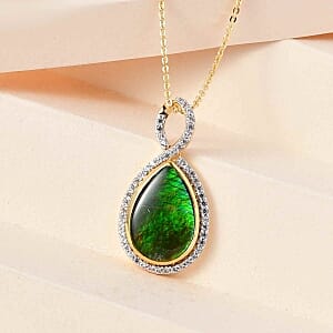 Ammolite and White Zircon Pendant 4.77 ctw Necklace in Vermeil YG Over Sterling Silver 20 Inches