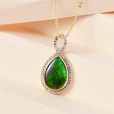 Ammolite and White Zircon Pendant 4.77 ctw Necklace in Vermeil YG Over Sterling Silver 20 Inches