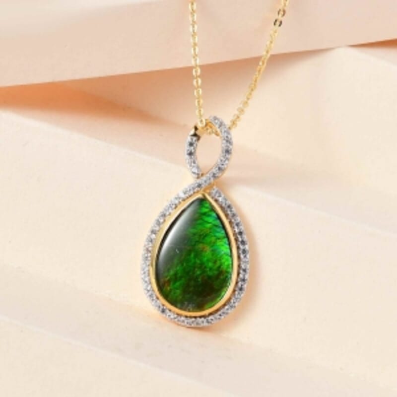 Ammolite and White Zircon Pendant 4.77 ctw Necklace in Vermeil YG Over Sterling Silver 20 Inches