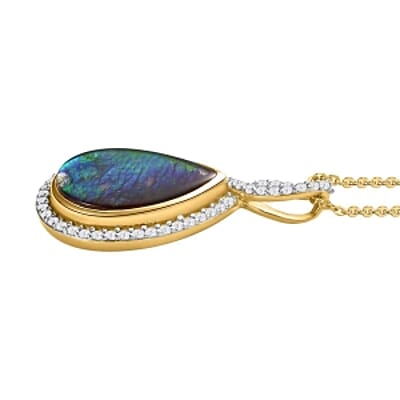 Ammolite and White Zircon Pendant 4.77 ctw Necklace in Vermeil YG Over Sterling Silver 20 Inches