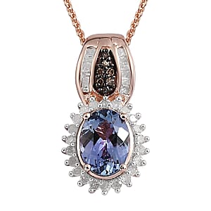 Tanzanite, Natural Champagne and White Diamond Pendant Necklace 20 Inches in Vermeil RG Over Sterling Silver 1.50 ctw