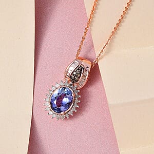 Tanzanite, Natural Champagne and White Diamond Pendant Necklace 20 Inches in Vermeil RG Over Sterling Silver 1.50 ctw