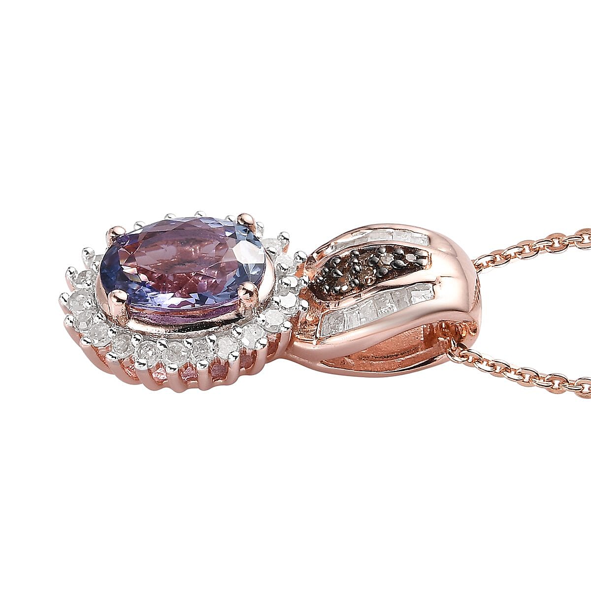 Tanzanite, Natural Champagne and White Diamond Pendant Necklace 20 Inches in Vermeil RG Over Sterling Silver 1.50 ctw image number 3