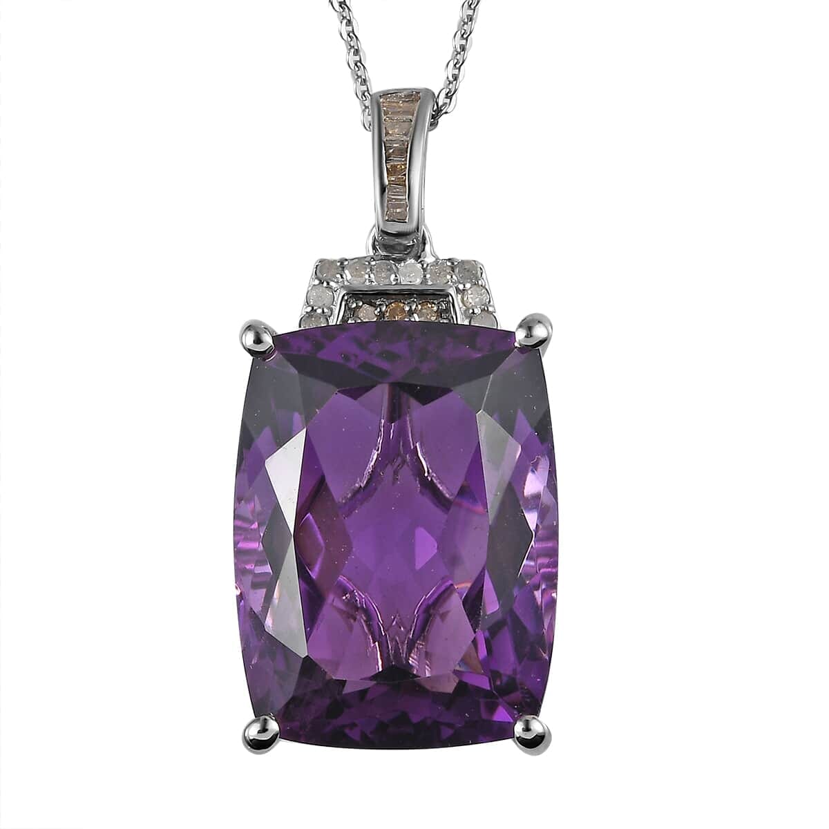 Amethyst, Natural Champagne and White Diamond Pendant Necklace 20 Inches in Platinum Over Sterling Silver 21.10 ctw image number 0