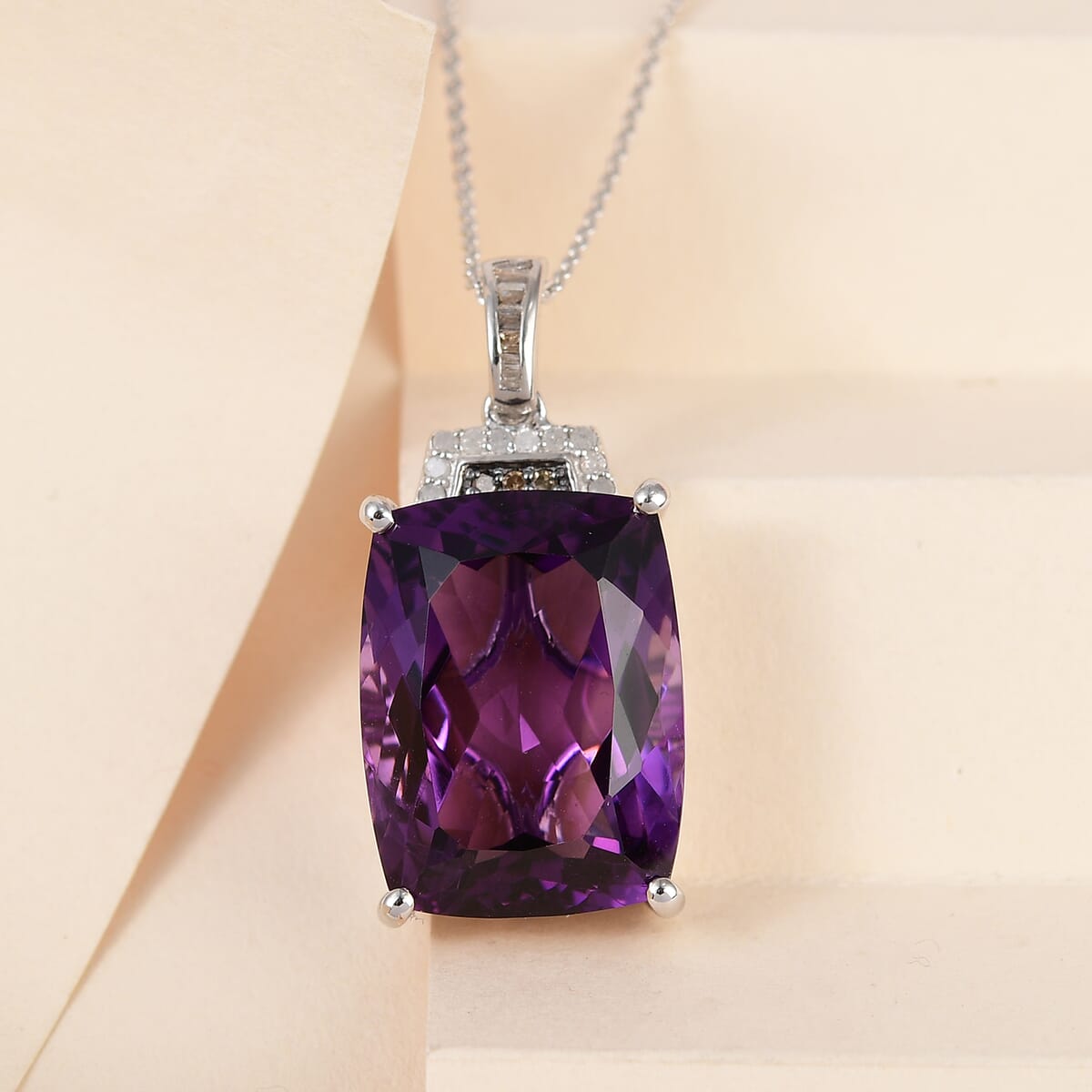 Amethyst, Natural Champagne and White Diamond Pendant Necklace 20 Inches in Platinum Over Sterling Silver 21.10 ctw image number 1