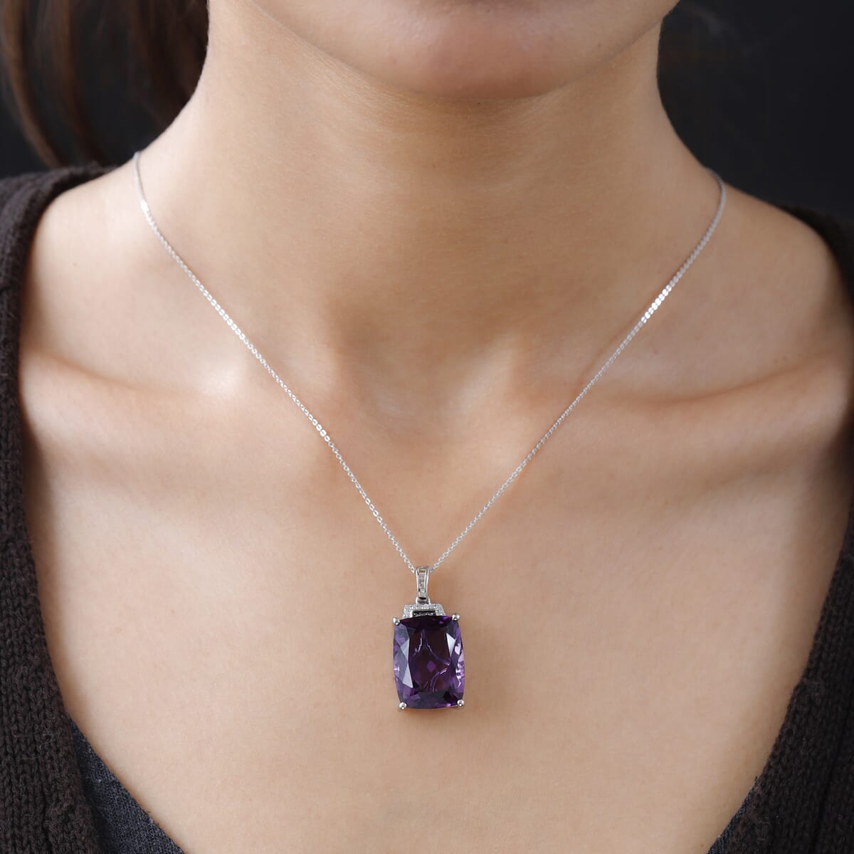 Amethyst, Natural Champagne and White Diamond Pendant Necklace 20 Inches in Platinum Over Sterling Silver 21.10 ctw image number 2