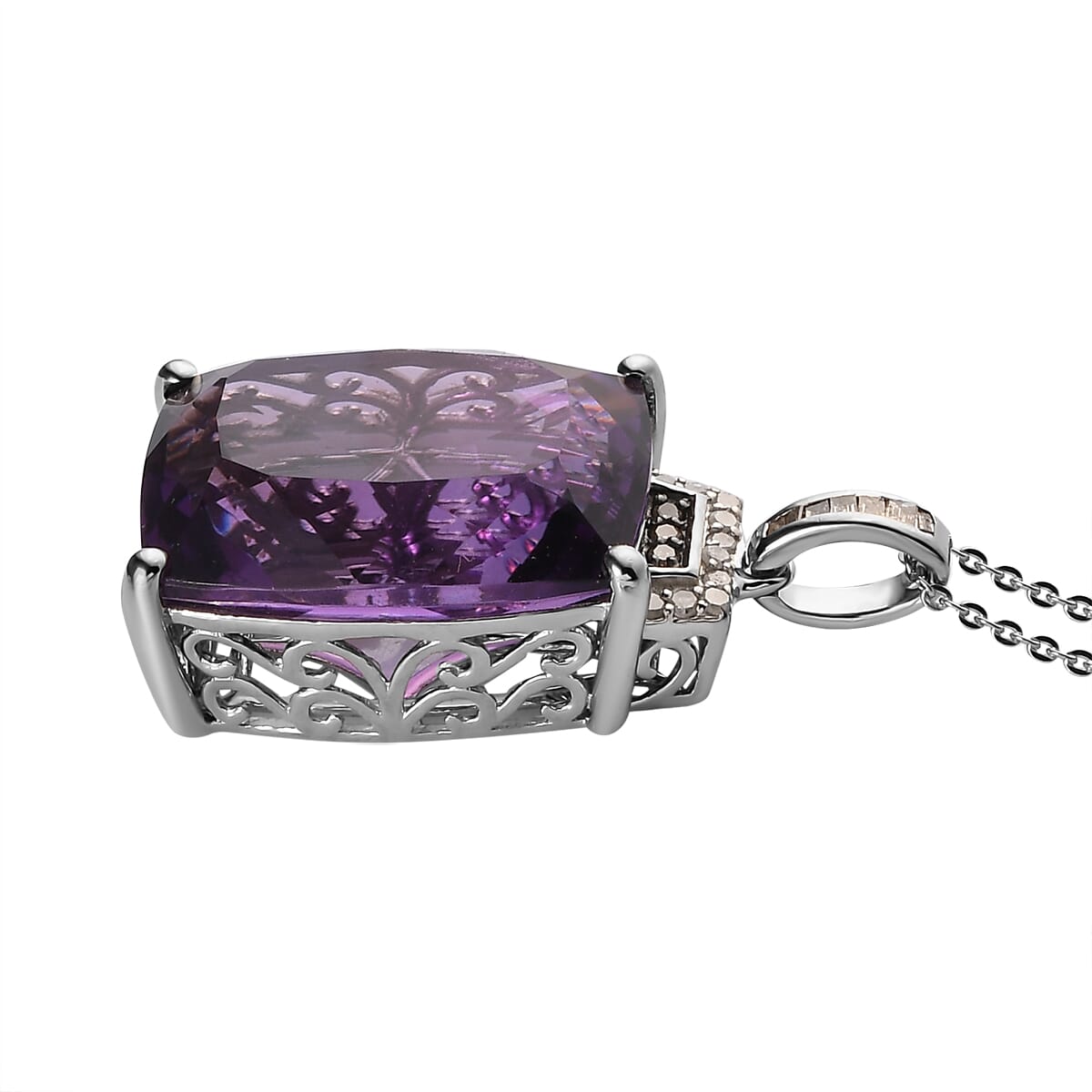 Amethyst, Natural Champagne and White Diamond Pendant Necklace 20 Inches in Platinum Over Sterling Silver 21.10 ctw image number 3