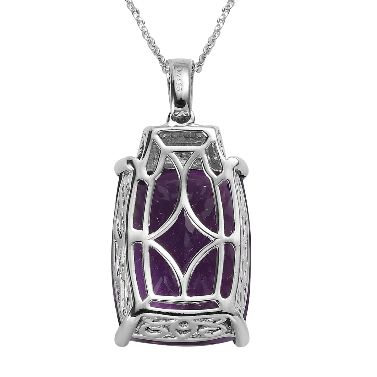 Amethyst, Natural Champagne and White Diamond Pendant Necklace 20 Inches in Platinum Over Sterling Silver 21.10 ctw image number 4