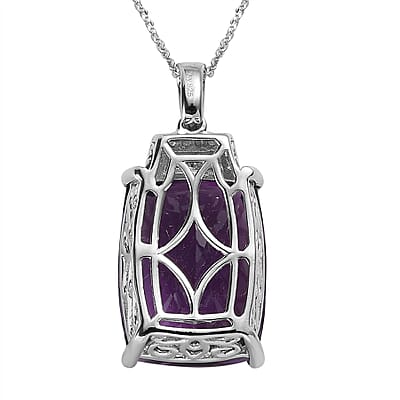 Amethyst, Natural Champagne and White Diamond Pendant Necklace 20 Inches in Platinum Over Sterling Silver 21.15 ctw
