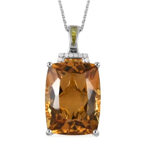 Brazilian Citrine, Yellow and Diamond Pendant Necklace 20 Inches in Platinum Over Sterling Silver 21.85 ctw