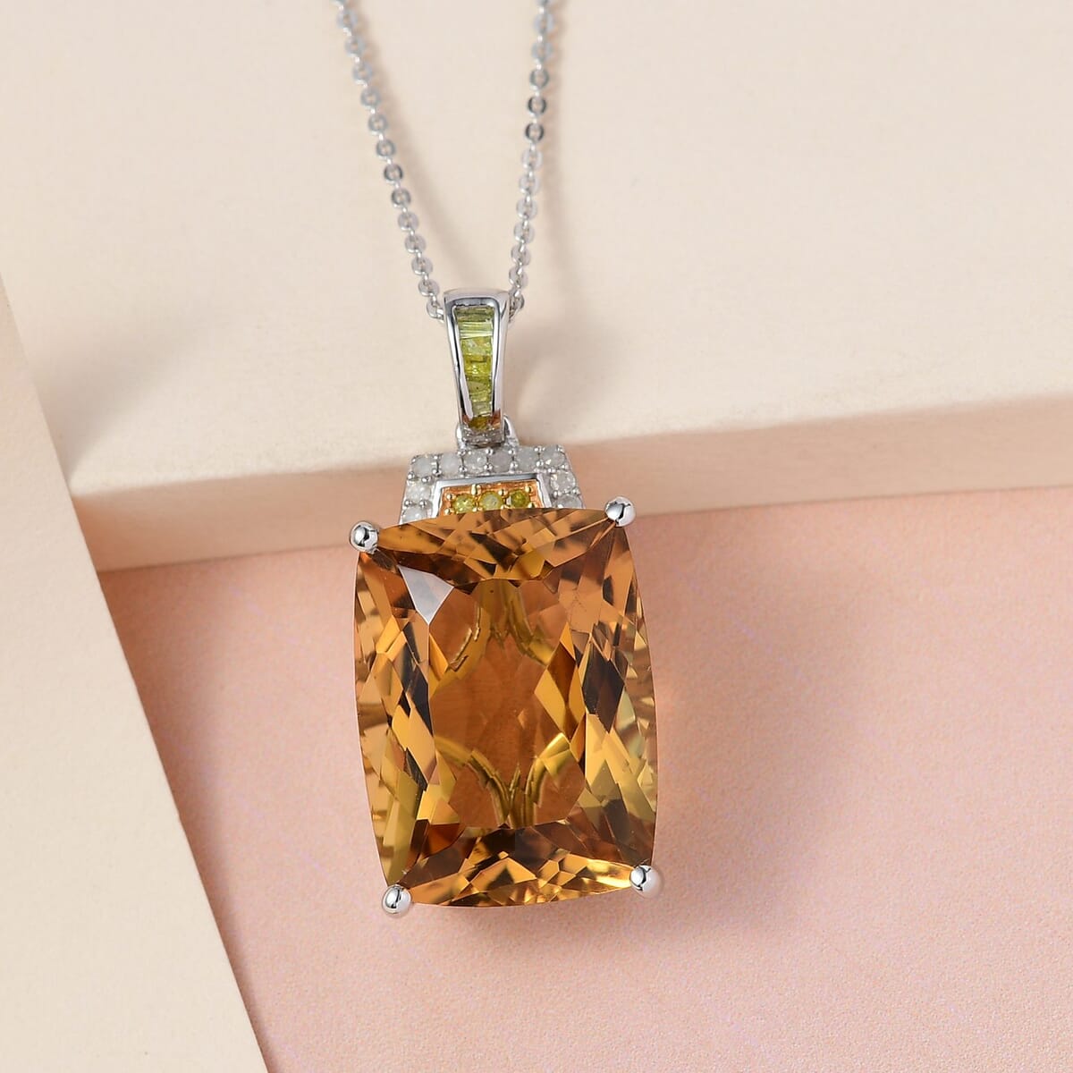 Brazilian Citrine, Yellow and Diamond Pendant Necklace 20 Inches in Platinum Over Sterling Silver 21.85 ctw image number 1