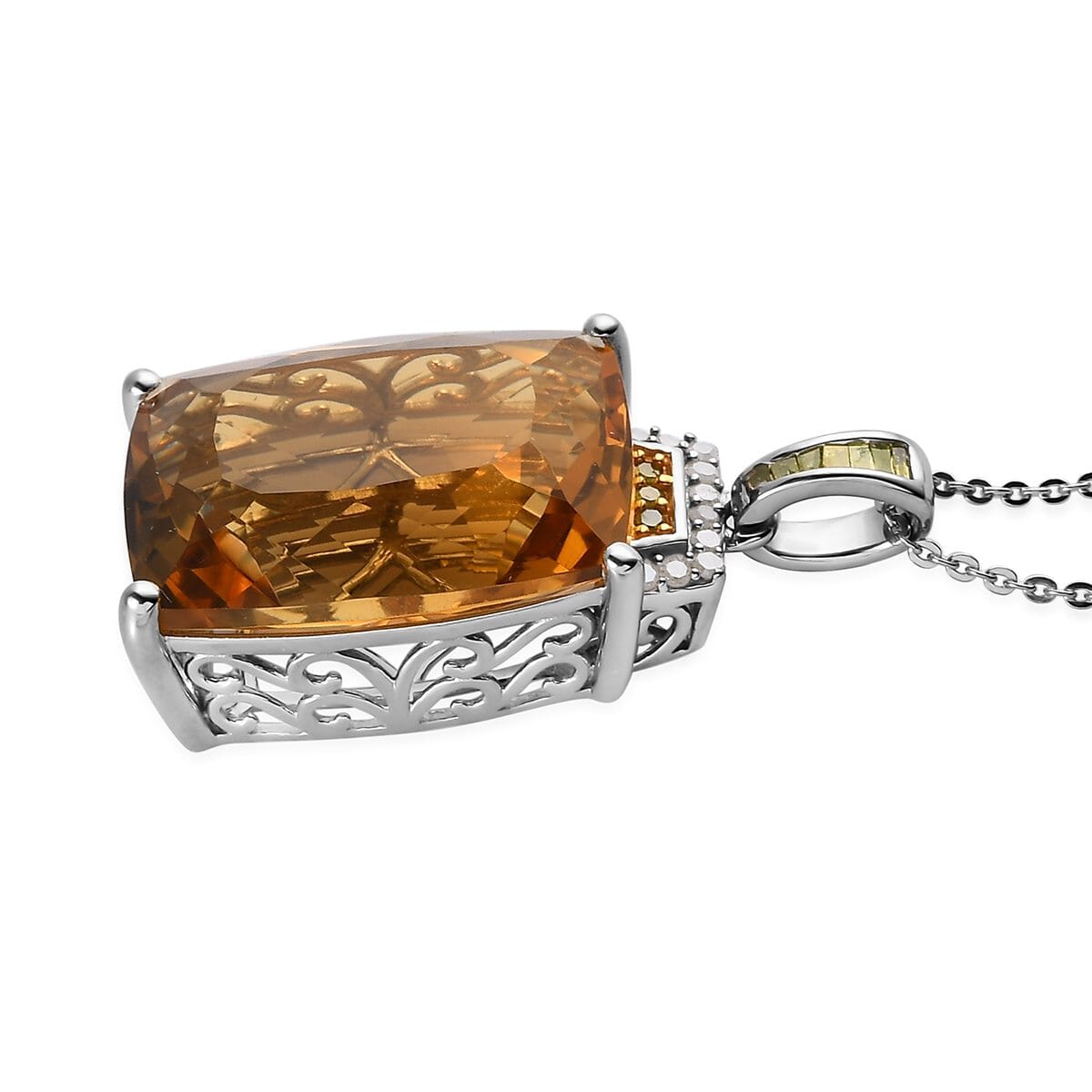 Brazilian Citrine, Yellow and Diamond Pendant Necklace 20 Inches in Platinum Over Sterling Silver 21.85 ctw image number 3