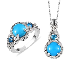 Sleeping Beauty Turquoise and Multi Gemstone Ring (Size 6.0) Pendant Necklace 20 Inches in Platinum Over Sterling Silver 4.60 ctw