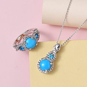 Sleeping Beauty Turquoise and Multi Gemstone Ring (Size 6.0) Pendant Necklace 20 Inches in Platinum Over Sterling Silver 4.60 ctw