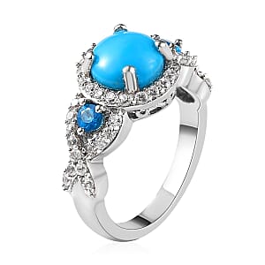 Sleeping Beauty Turquoise and Multi Gemstone Ring (Size 6.0) Pendant Necklace 20 Inches in Platinum Over Sterling Silver 4.60 ctw
