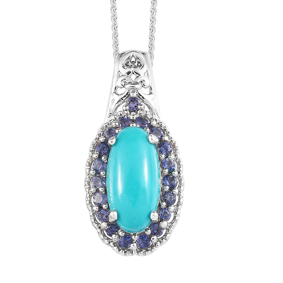 Sleeping Beauty Turquoise and Catalina Iolite Halo Ring (Size 6.0) and Pendant Necklace 20 Inches in Platinum Over Sterling Silver 7.65 ctw
