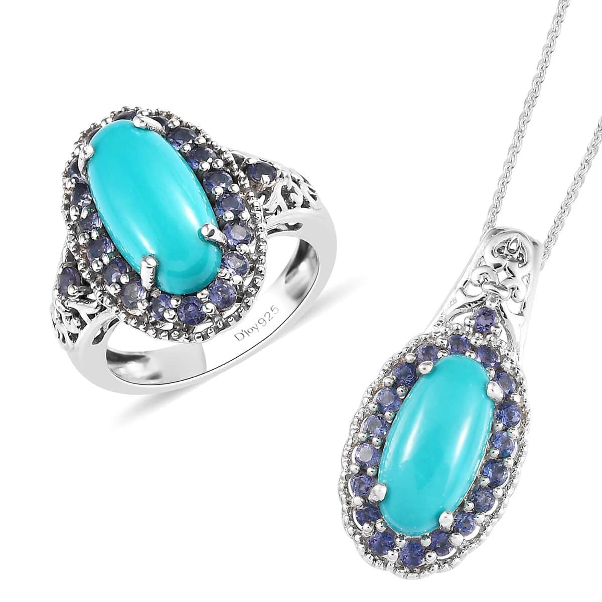 Sleeping Beauty Turquoise and Catalina Iolite Halo Ring (Size 9.0) and Pendant Necklace 20 Inches in Platinum Over Sterling Silver 7.65 ctw image number 0