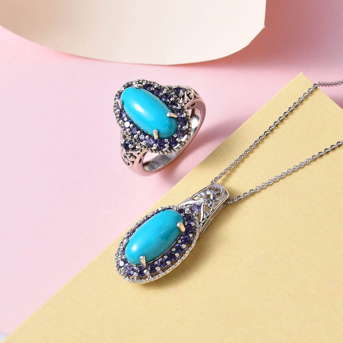 Sleeping Beauty Turquoise and Catalina Iolite Halo Ring (Size 9.0) and Pendant Necklace 20 Inches in Platinum Over Sterling Silver 7.65 ctw image number 1