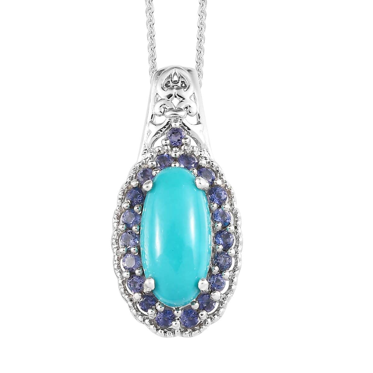 Sleeping Beauty Turquoise and Catalina Iolite Halo Ring (Size 9.0) and Pendant Necklace 20 Inches in Platinum Over Sterling Silver 7.65 ctw image number 6