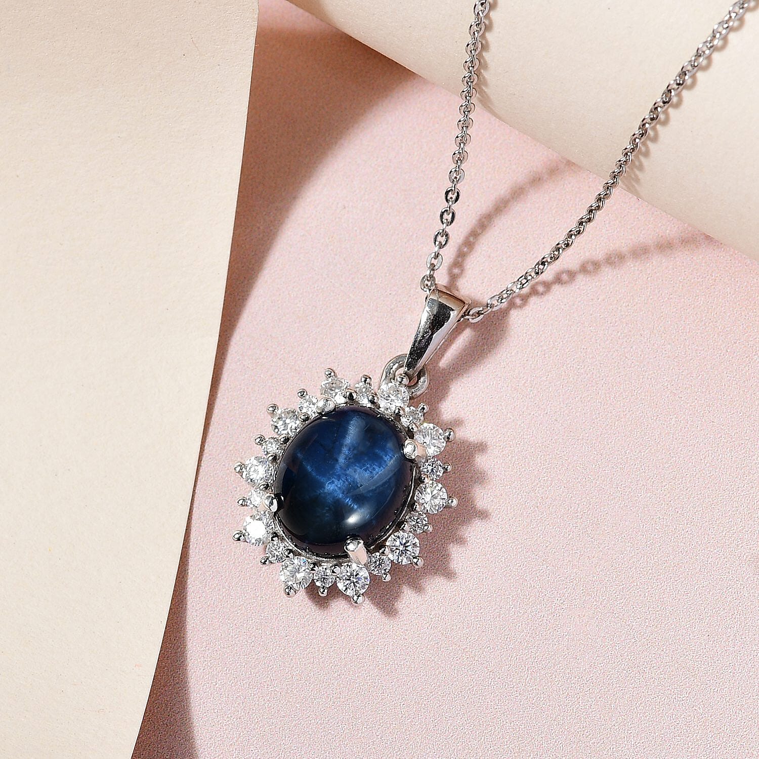 Premium Blue Star Sapphire (DF) and Moissanite Sunburst Pendant Necklace 20 Inches in Platinum Over Sterling Silver 6.15 ctw