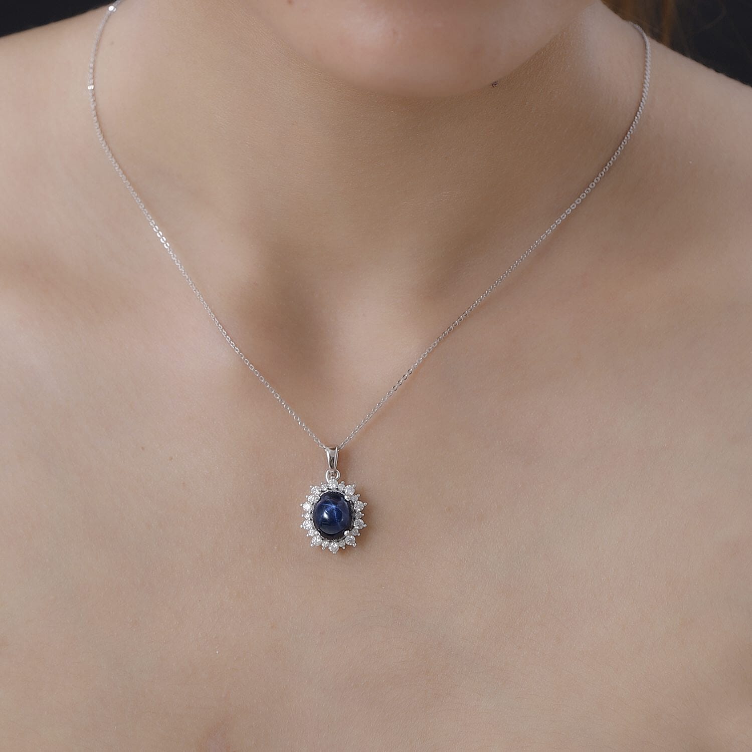 Premium Blue Star Sapphire (DF) and Moissanite Sunburst Pendant Necklace 20 Inches in Platinum Over Sterling Silver 6.15 ctw