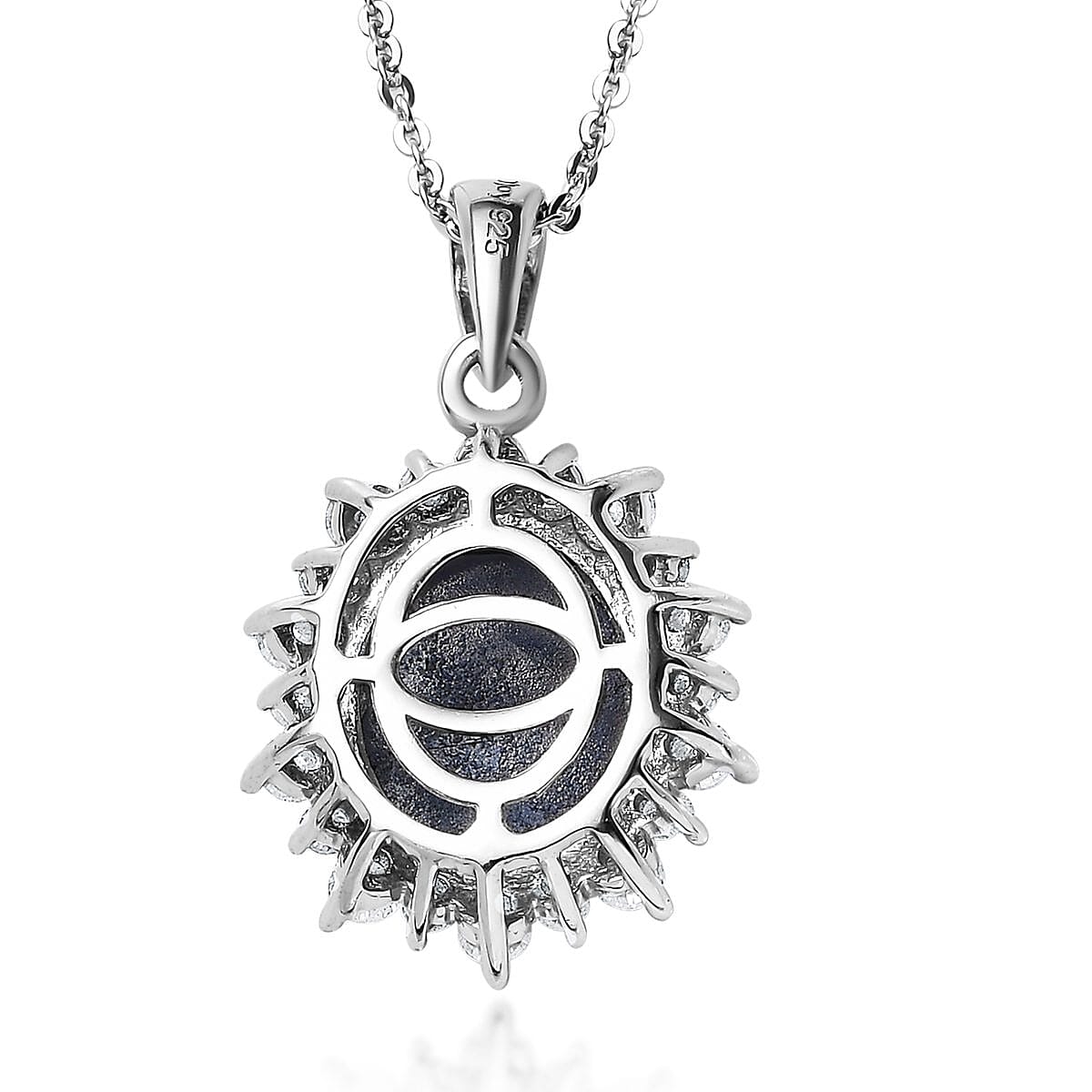 Premium Blue Star Sapphire (DF) and Moissanite Sunburst Pendant Necklace 20 Inches in Platinum Over Sterling Silver 6.15 ctw