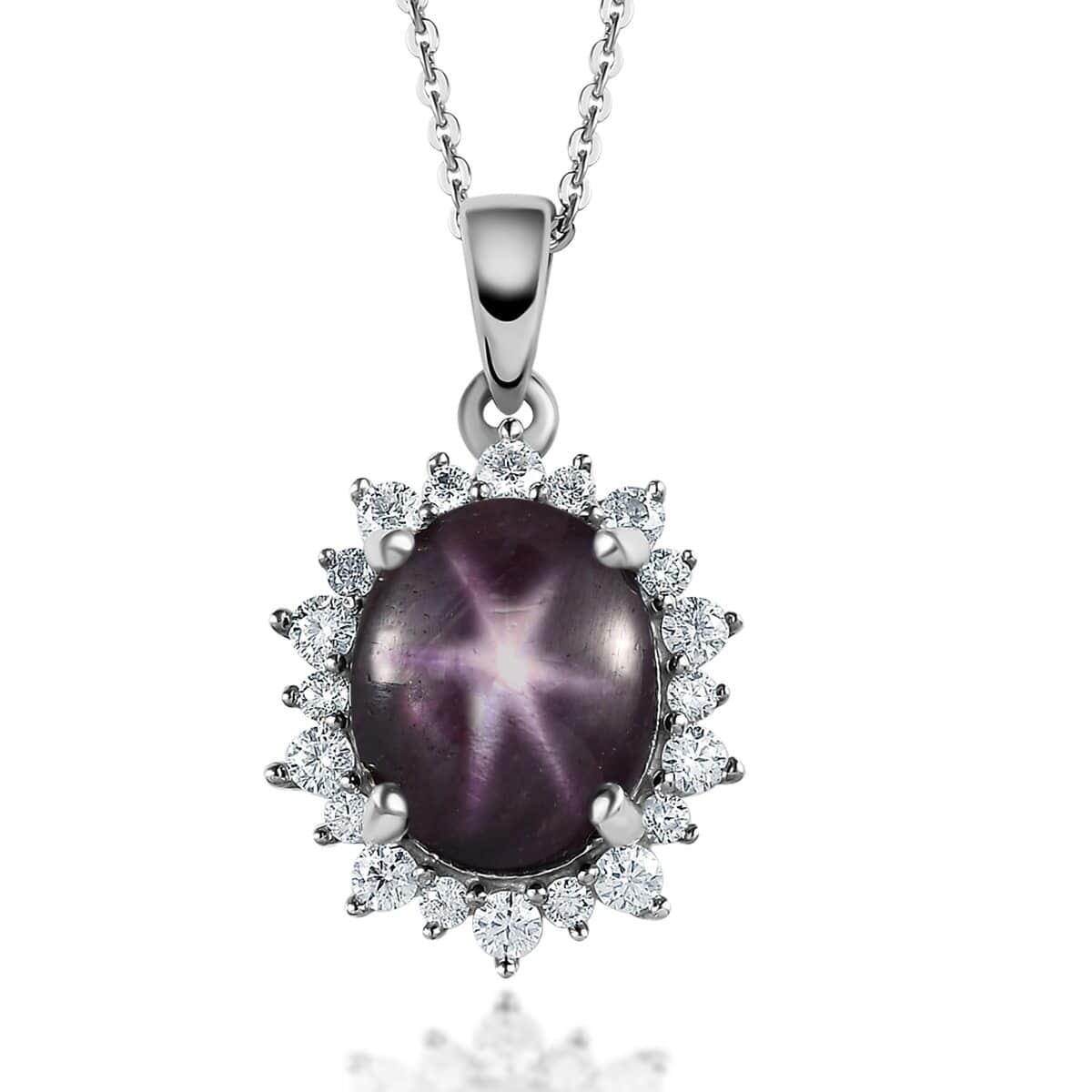 Premium Indian Star Ruby and Moissanite Sunburst Pendant Necklace 20 Inches in Platinum Over Sterling Silver 7.00 ctw image number 0