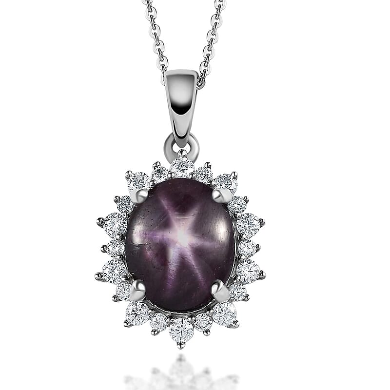 Premium Indian Star Ruby and Moissanite Sunburst Pendant Necklace 20 Inches in Platinum Over Sterling Silver 7.00 ctw