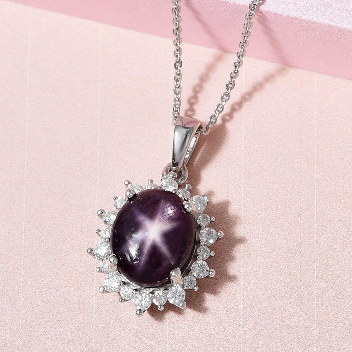 Premium Indian Star Ruby and Moissanite Sunburst Pendant Necklace 20 Inches in Platinum Over Sterling Silver 7.00 ctw image number 1