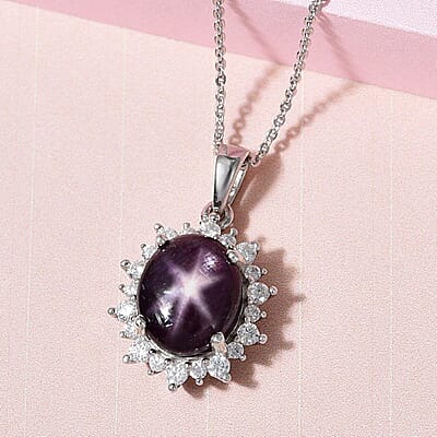 Premium Indian Star Ruby and Moissanite Sunburst Pendant Necklace 20 Inches in Platinum Over Sterling Silver 7.00 ctw