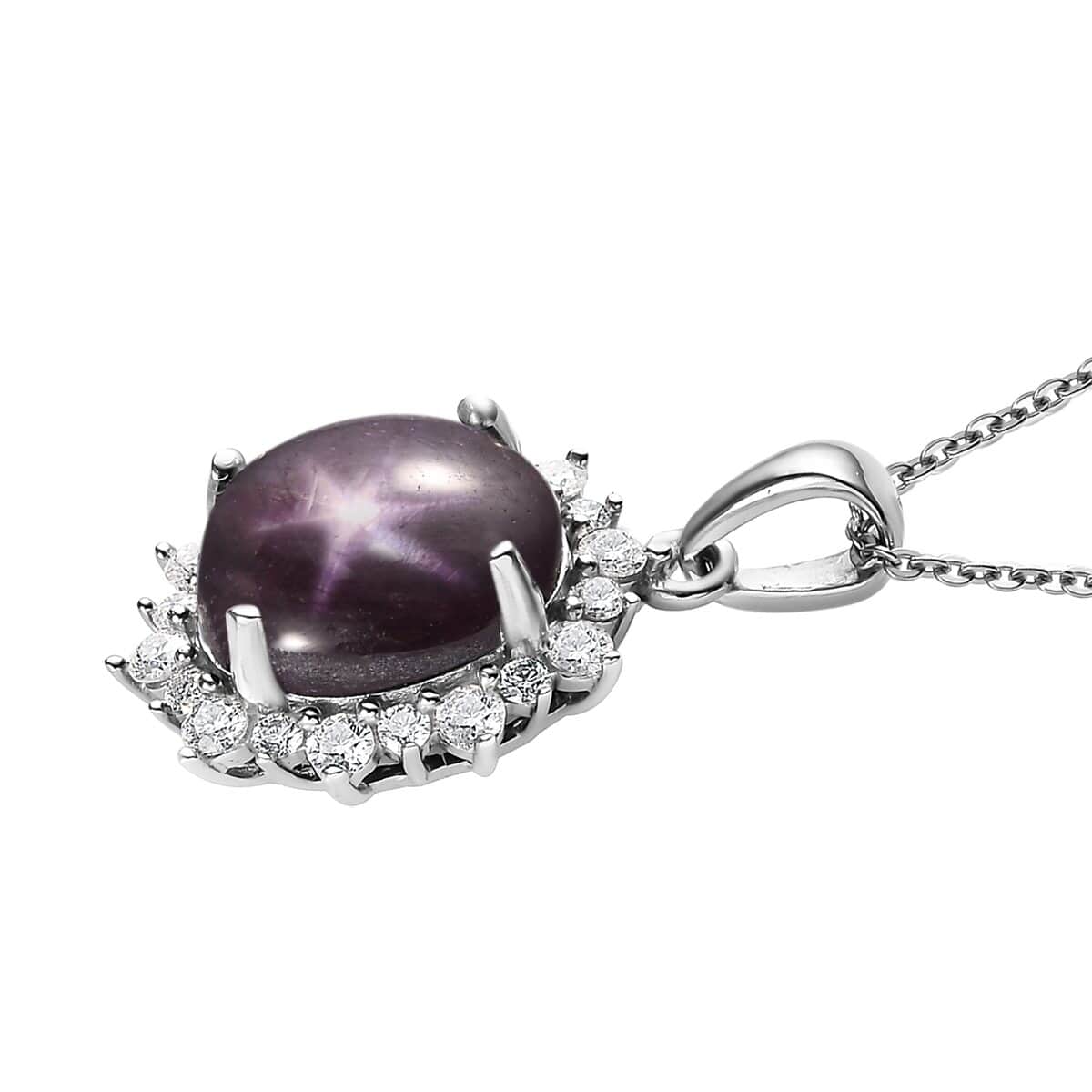 Premium Indian Star Ruby and Moissanite Sunburst Pendant Necklace 20 Inches in Platinum Over Sterling Silver 7.00 ctw image number 3