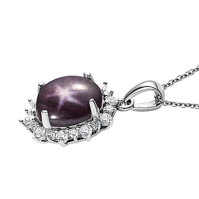Premium Indian Star Ruby and Moissanite Sunburst Pendant Necklace 20 Inches in Platinum Over Sterling Silver 7.00 ctw