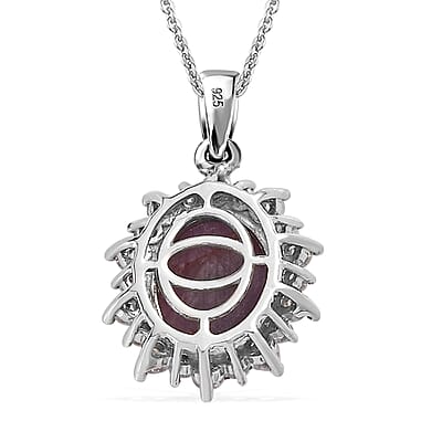 Premium Indian Star Ruby and Moissanite Sunburst Pendant Necklace 20 Inches in Platinum Over Sterling Silver 7.00 ctw