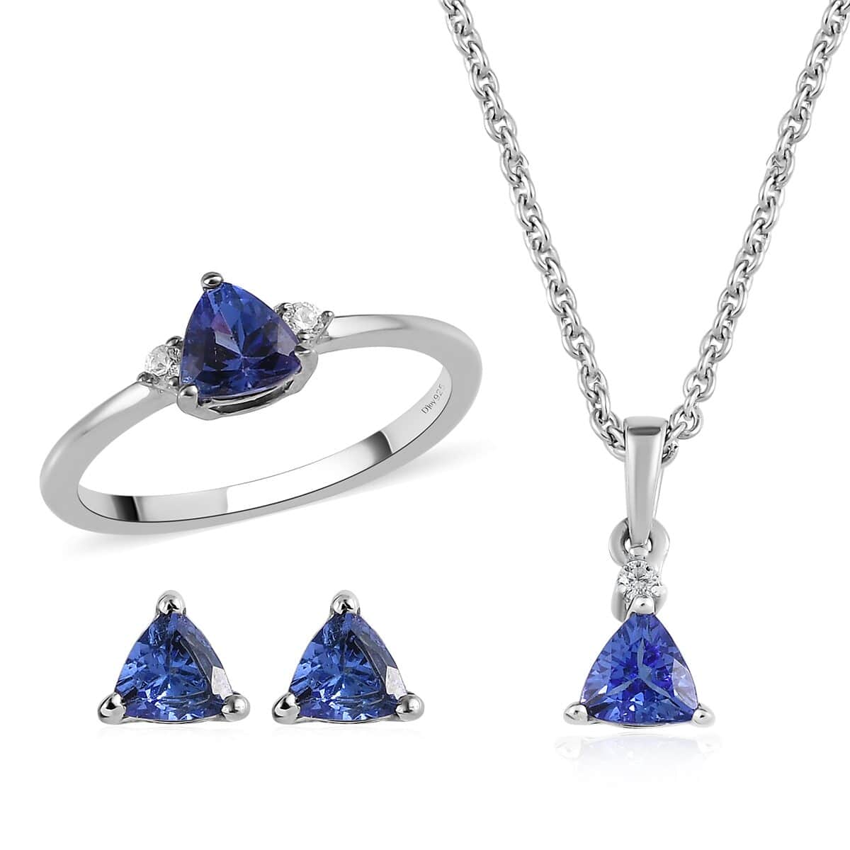 AAA Tanzanite, Natural White Zircon Stud Earrings, Ring and Pendant Necklace 20 Inches in Platinum Over Sterling Silver 1.50 ctw image number 0