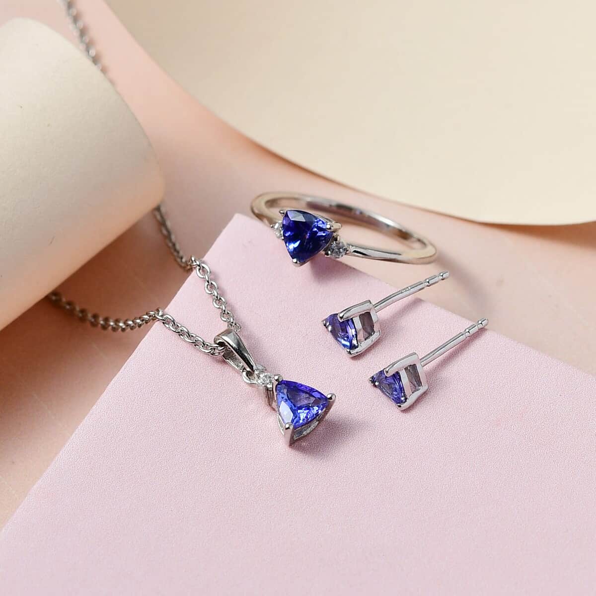 AAA Tanzanite, Natural White Zircon Stud Earrings, Ring and Pendant Necklace 20 Inches in Platinum Over Sterling Silver 1.50 ctw image number 1
